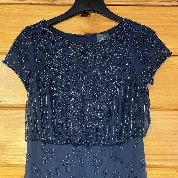 Adrianna Papell Women's Beaded Short-Sleeve Sheer-Overlay Gown Dress Size 8